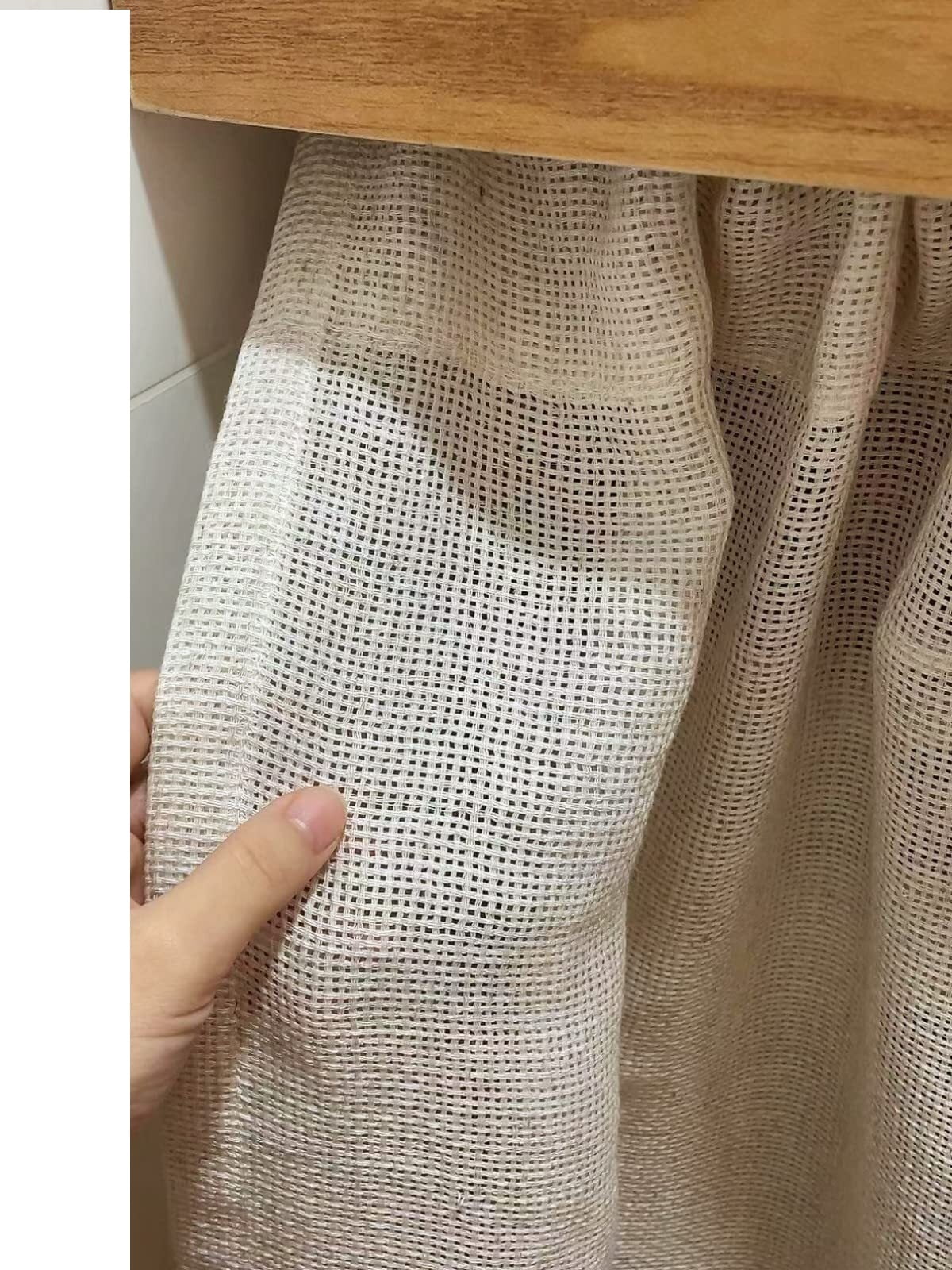 Kitchen Under Sink Solid Beige Linen Cotton Semi-Transparent Half Short Curtain for Small Window Door With Tassels, Rod Pocket