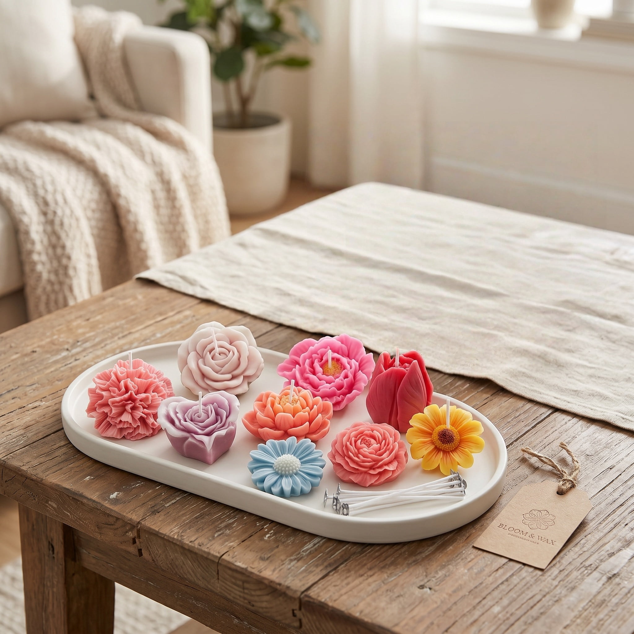 9 Pcs Flower Silicone Molds Kit with 100 Candle Wicks, Food Grade 3D Floral Molds for Candle Making, Soap, Chocolate, Wax Melts, Resin DIY Crafts