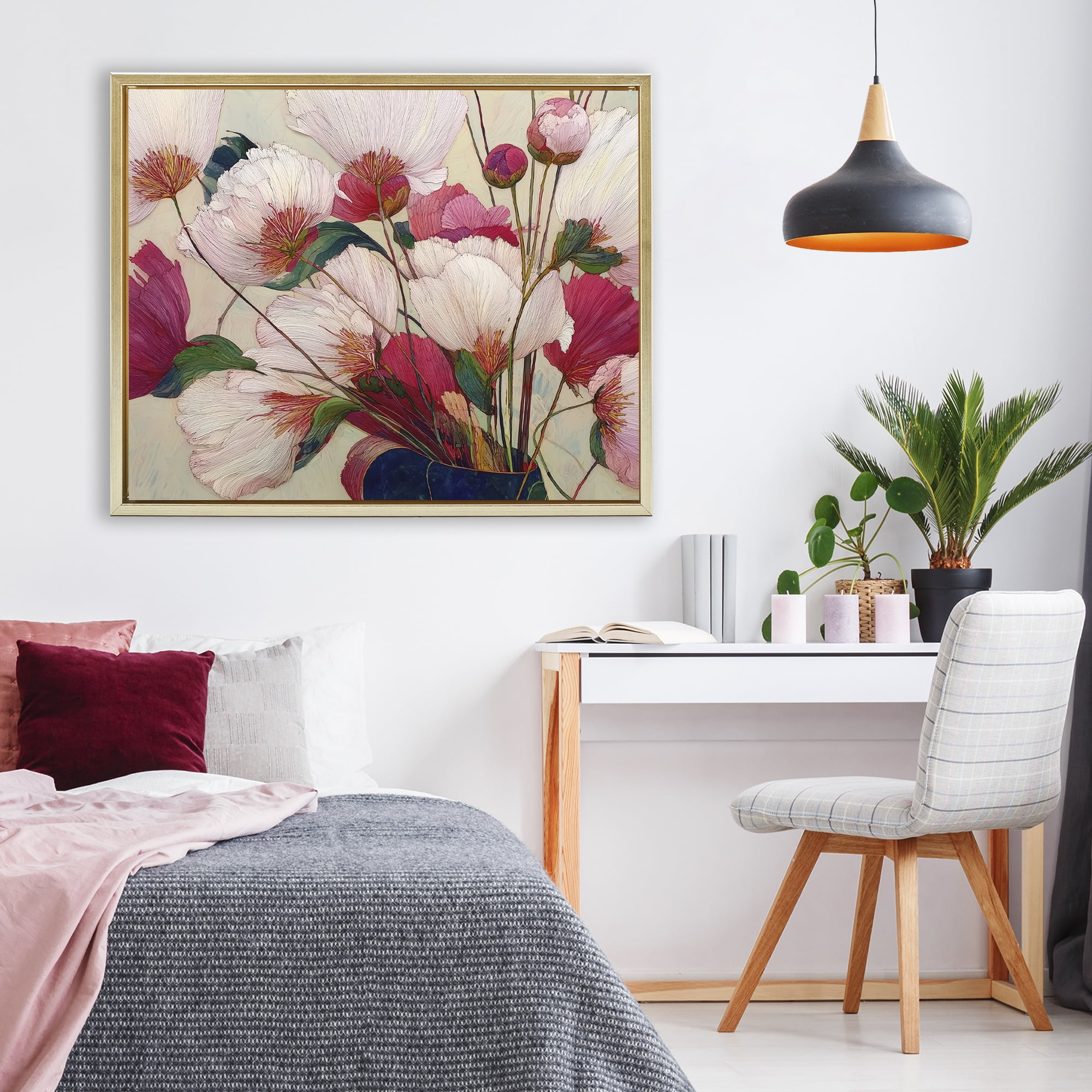 Lush Haiku Pink & White Flowers Gold Framed Floater Canvas Wall Art, design by Annabelle Hall
