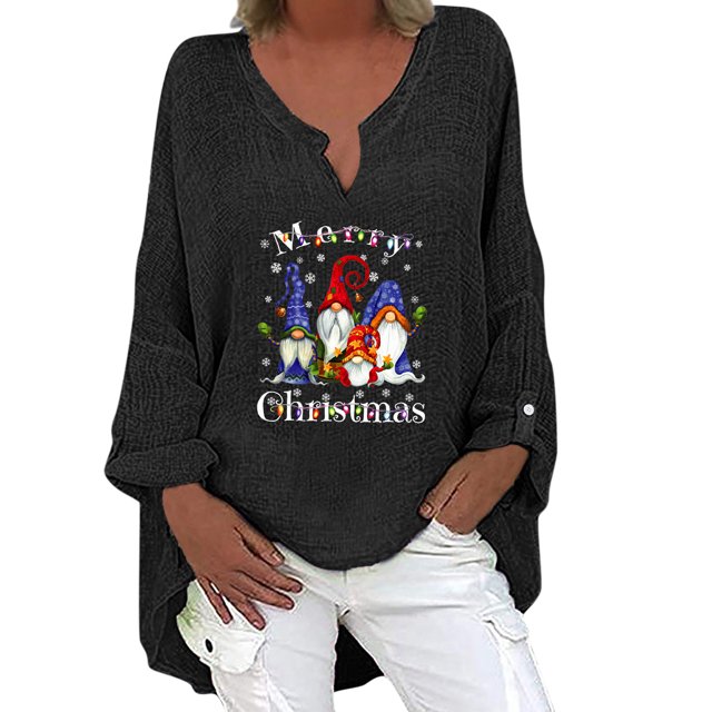 Tops Para Mujer Tops Con Estampado Navideño Manga Larga Hombro Algodón Lino Cuello en V Blusa Túnica Suelta Odeerbi ODB183859