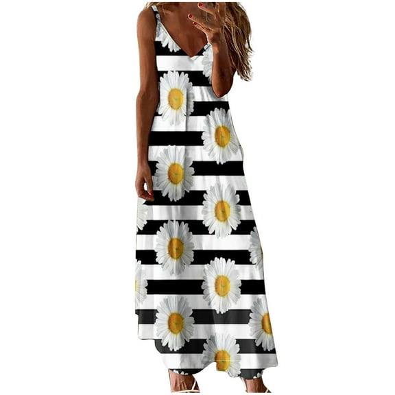 Sexy Maxi Dress Summer Dresses for Women Sleeveless Causal Stripe Floral Spaghetti Straps Beach Party Long Sundress