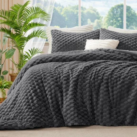 Fluffy Queen Comforter Set - Grey Fleece Soft Comforter for Queen Size Bed, Luxury Warm Bedding Set for Winter, Fuzzy Bed Set 3 Pieces (1 Comforter, 2 Pillowcases)