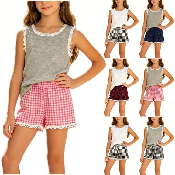 Agkizg Kids Girls Clothing Set Sleeveless 2 Piece Outfit Solid Top Plaid Shorts Summer Casual Set