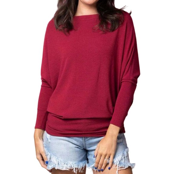 Women'S Long Sleeve Round Neck Soft Basic Batwing Sleeve Knitted Loose Pullover Autumn Fashion Clothing Big Red S