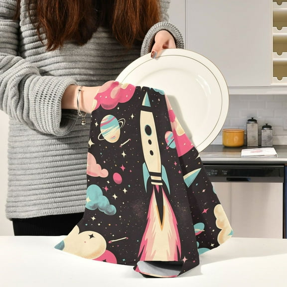 BZSMCE Kitchen Towels Creative Spaceship Take Printing Pattern Durable Kitchen Towel