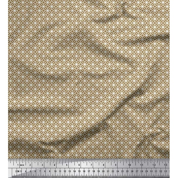 Soimoi Brown Japan Crepe Satin Fabric Cross & Geometric Printed Craft Fabric by the Yard 42 Inch Wide