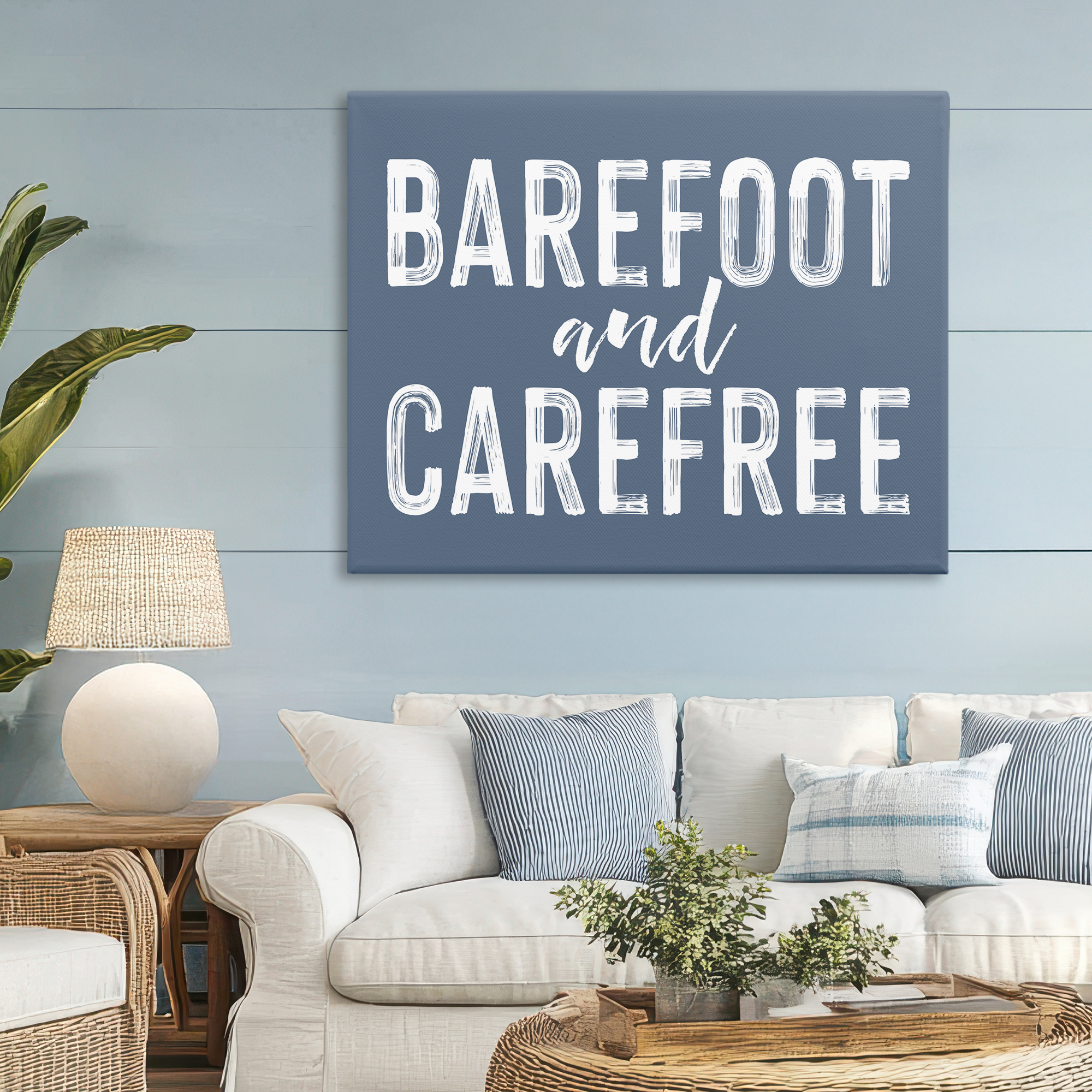 Barefoot & Carefree Blue Canvas Wall Art, design by Lettered and Lined