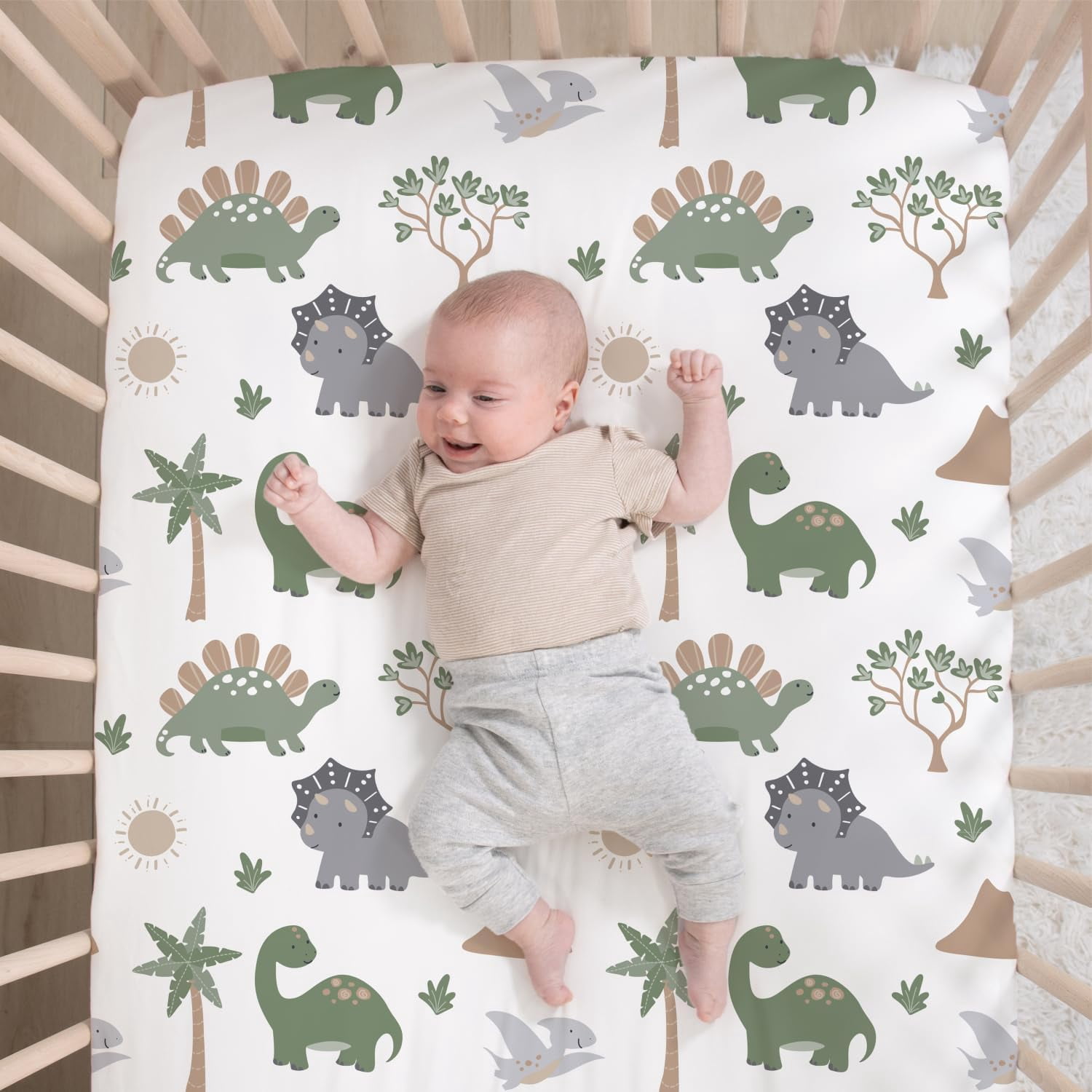 3 Piece Baby Crib Bedding Set Dinosaur Dreams Green Camo  Microfiber for Boys Nursery