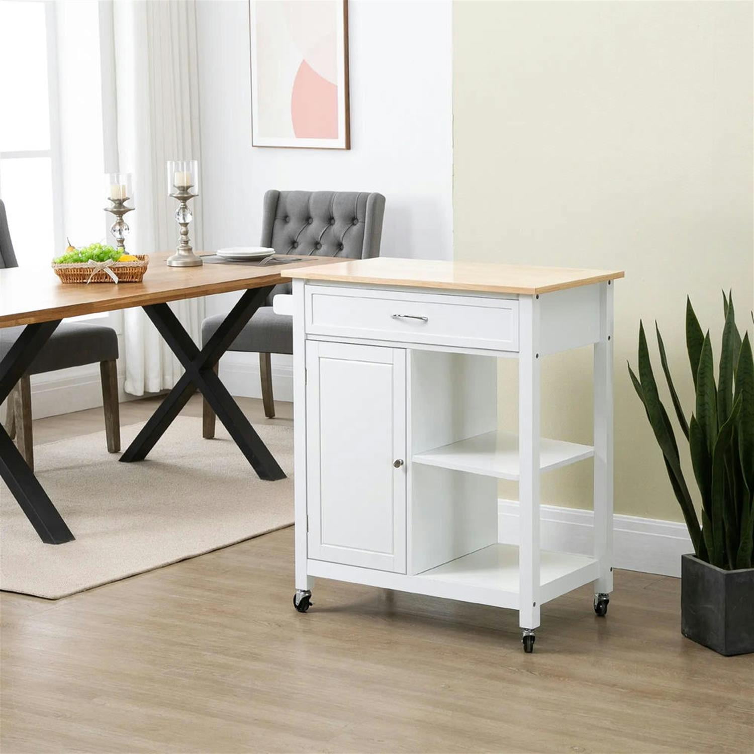 Demi Bonn 34" Kitchen Island Cart on Wheels with Storage Shelf, Rolling Dining Room Serving Utility Carts Mobile Movable with Wood Top and Drawer, White