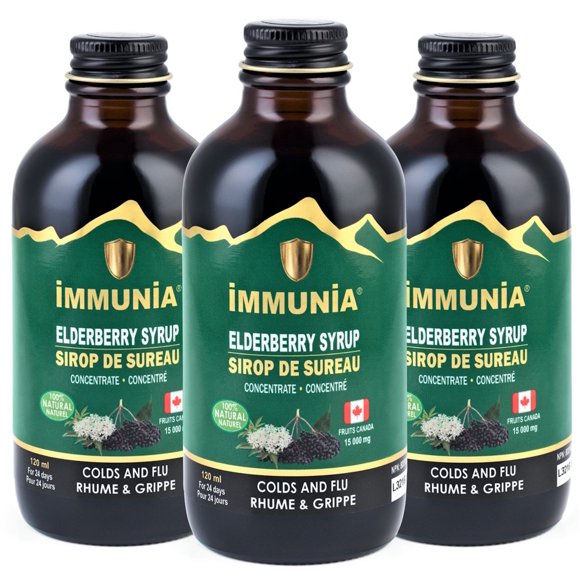 Immunia ELDERBERRY SYRUP - Formula made from Elderberry concentrate & medicinal plants. Colds & flu. Adults & kids. No sugar added. No alcohol. Delicious taste. Made in Canada (3 bottles)