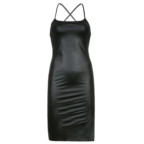 Gupgi Women PU Leather Dress Backless Bandage Bodycon Split Midi Dresses