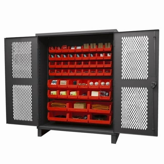 Durham HDCV60-54B-1795 12 Gauge Recessed Door Style Lockable Ventilated Cabinet with 54 Red Hook on Bins, Gray - 60 in.
