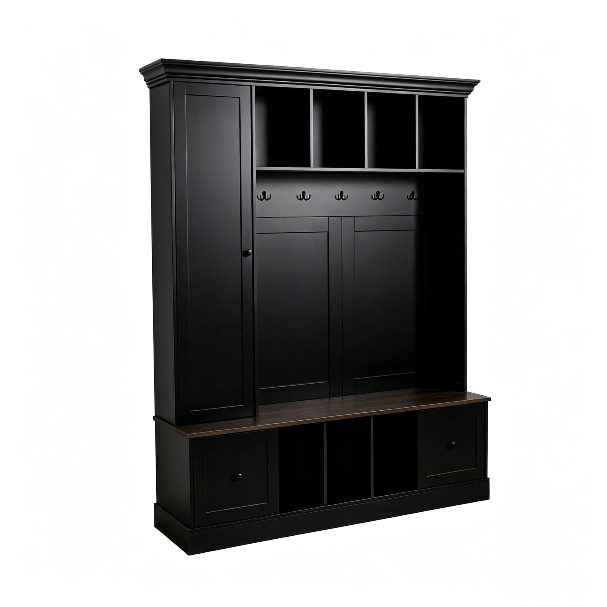 Mintazer Farmhouse Hall Tree with Bench and Shoe Storage, Adjustable Shelf Cabinet with Coat Rack, Hooks & Drawers for Hallway, Entryway, Black