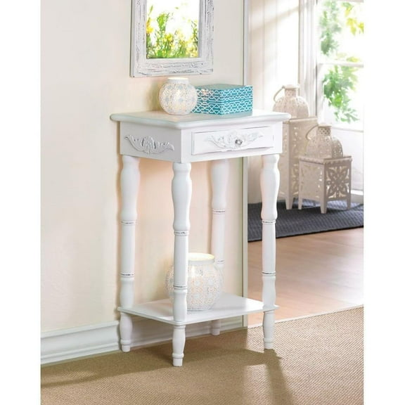 Small Distressed White Wood End Table Nightstand | Vintage Side Table with Drawer and Open Shelf