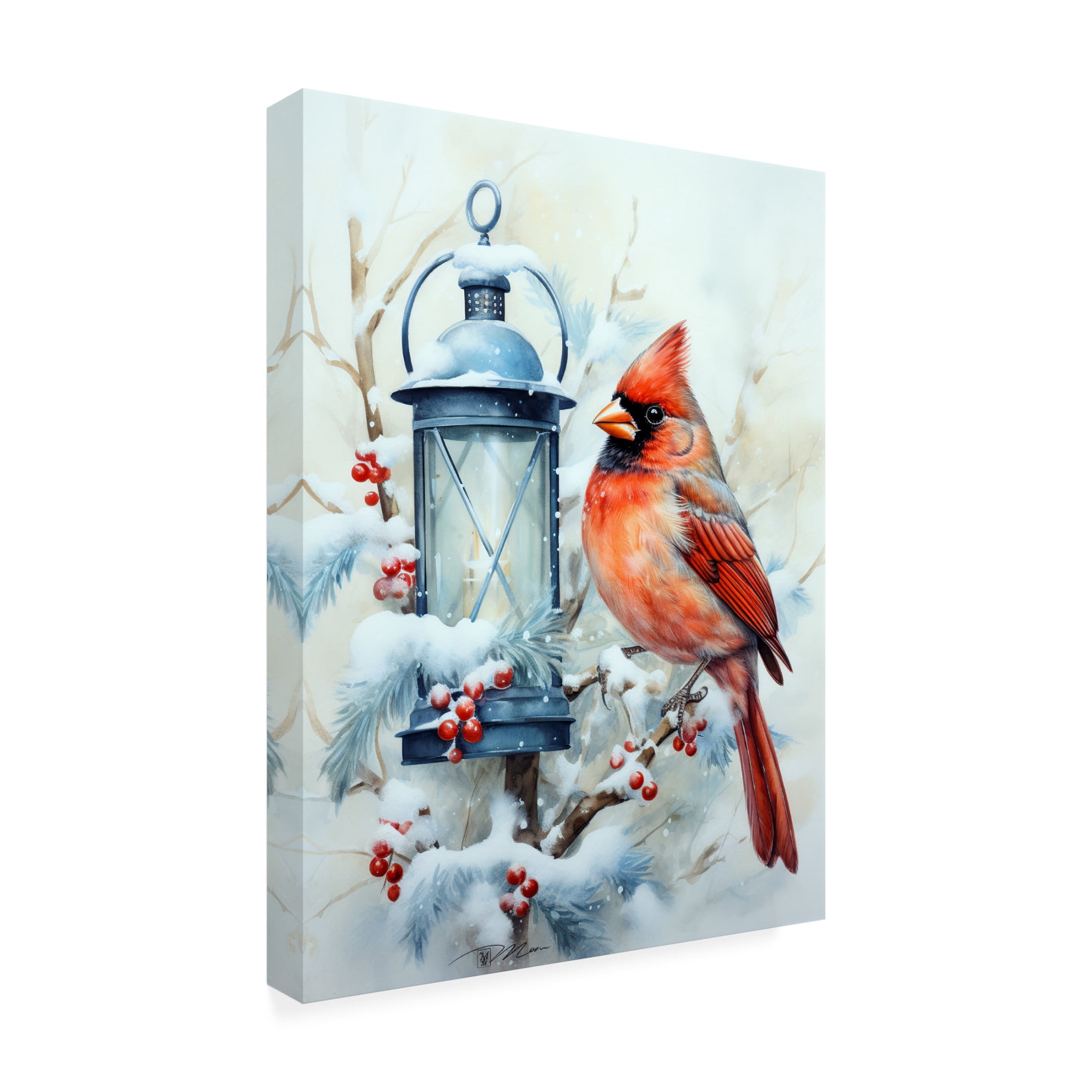 Canvas Wall Art - Momart 'Winter Lanterns With Birds 3' Wall Art for Living Room, Bedroom, or Office Décor by Trademark Fine Art - 35 x 47 Inches