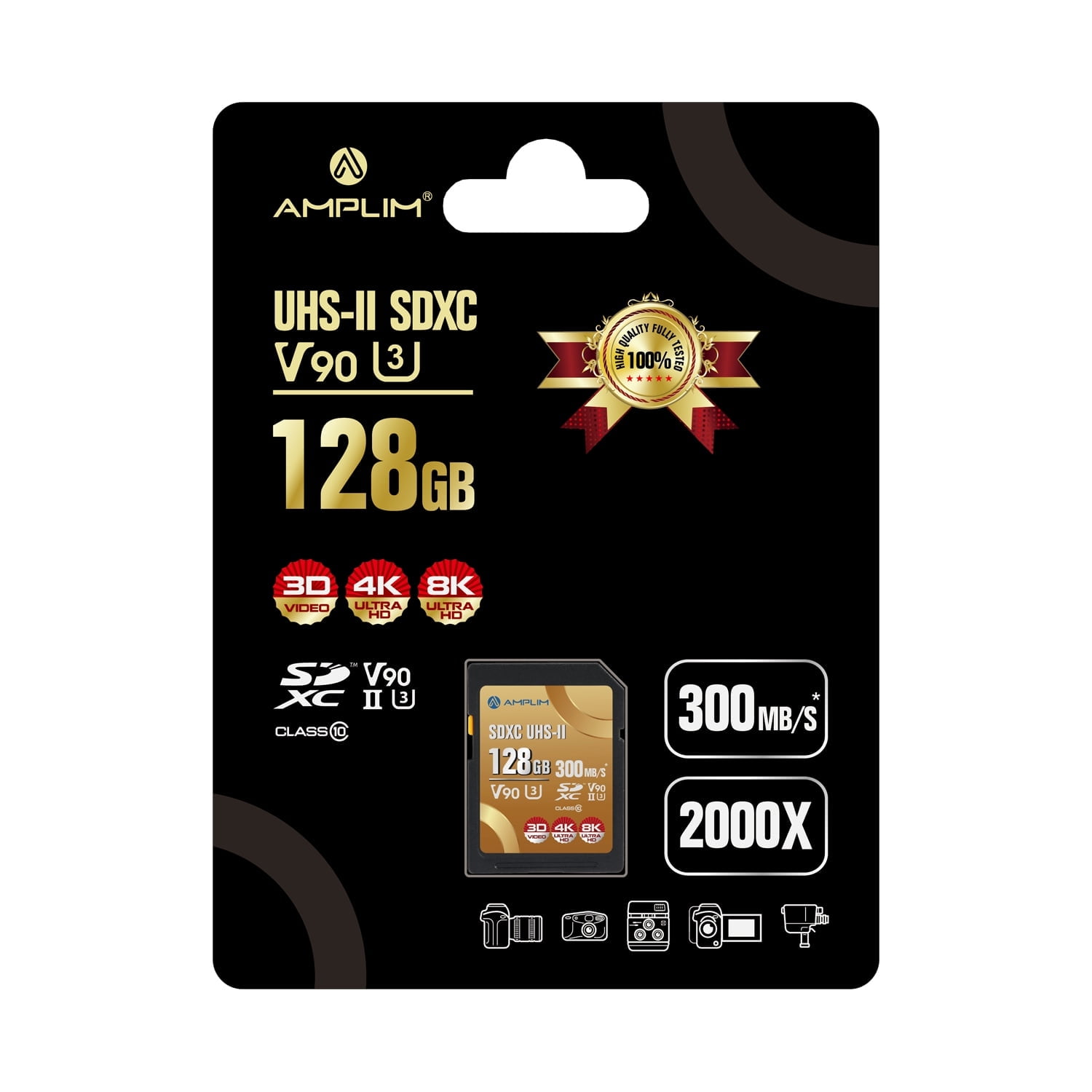 Amplim 128GB UHS-II V90 SDXC SD Card Blazing Fast 300MB/s (2000X) UHSII U3 Extreme High Speed 128 GB SD XC Memory Card for 4K 8K UHD Video Camera Camcorder. 128G TF Flash Storage