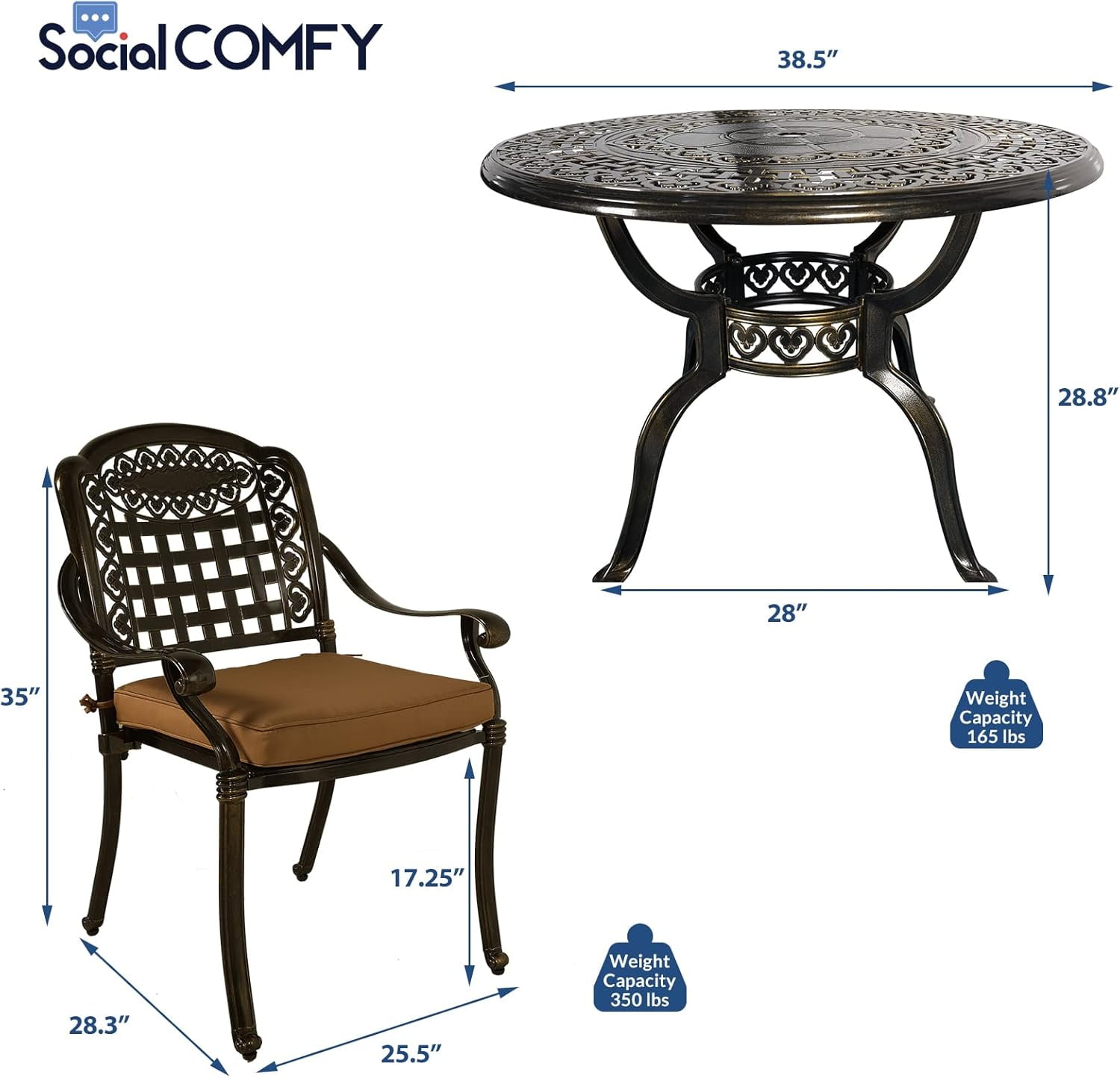 Socialcomfy 5 Cast Aluminum All-Weather Outdoor Conversation Sets, Bronze/Khaki