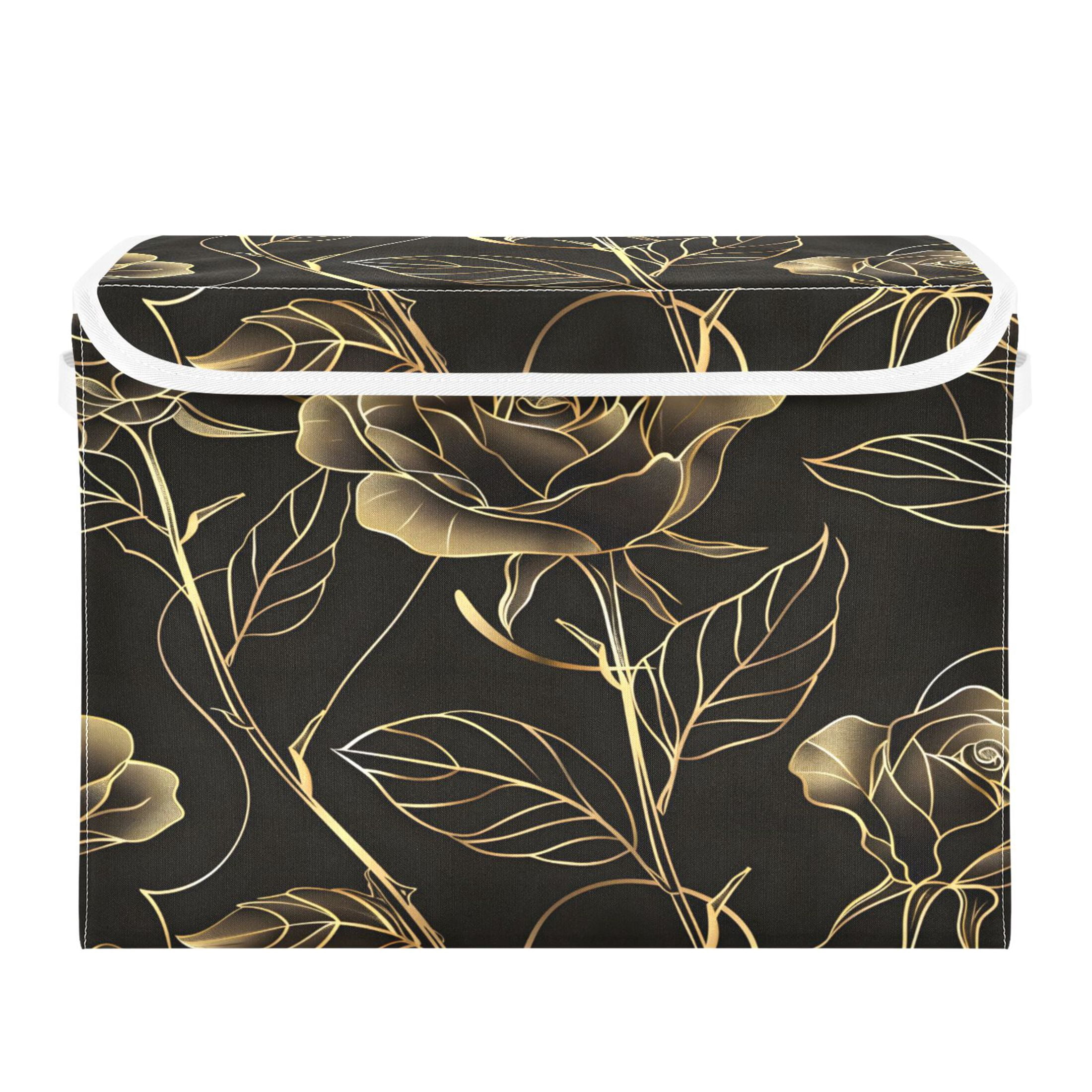 Ryvnso Botanical Elegant Rose Flower Large Lidded Foldable Storage Baskets Cubes Boxes Lids Bin for Home