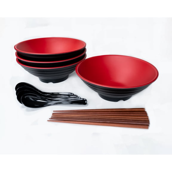 Cotswold Homeware Co 4 Large Ramen Bowl Melamine Noodle Bowl Set Chopsticks And Ramen Spoons by Cotswold Homeware Co Asian Chinese Japanese or Pho Soup Soup Spoons and Chopsticks Complete Dinnerware
