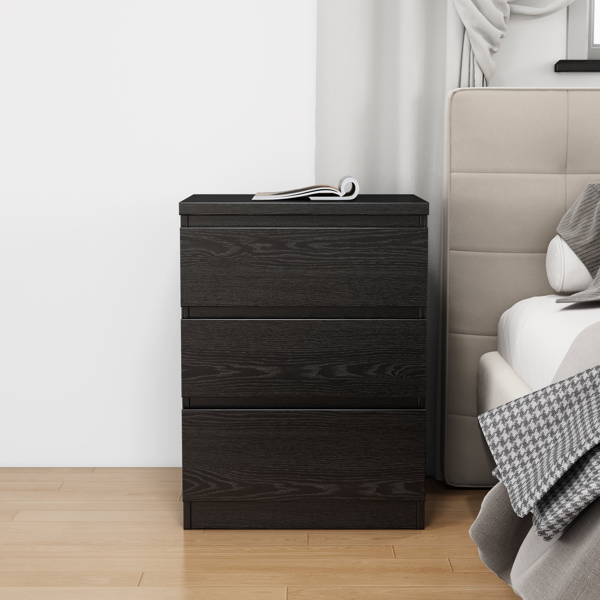 Leumius 19.7" Nightstand with 3 Drawers,Handle-Free Design,Thickened Top,Small Storage Cabinet for Bedroom/Living Room,Black