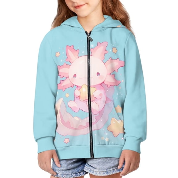 chaqlin Axolotl Graphic Hoodies for Girls 6-7 Cute Zip Up Hoodie Sweatshirt Casual Long Sleeve Hooded Jackets Kangaroo Pocket Full Zip Kids Sweater Top Fall/Winter Fashion Clothing