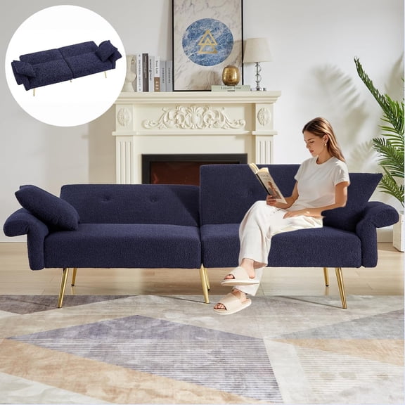 3 in 1 Teddy Convertible Futon Sofa Bed with Split Adjustable Backrest, 79" Folding Loveseat with Foldable Armrests, Sleeper Couch with 2 Soft Pillows & Golden Legs for Living Room Bedroom, Dark Blue
