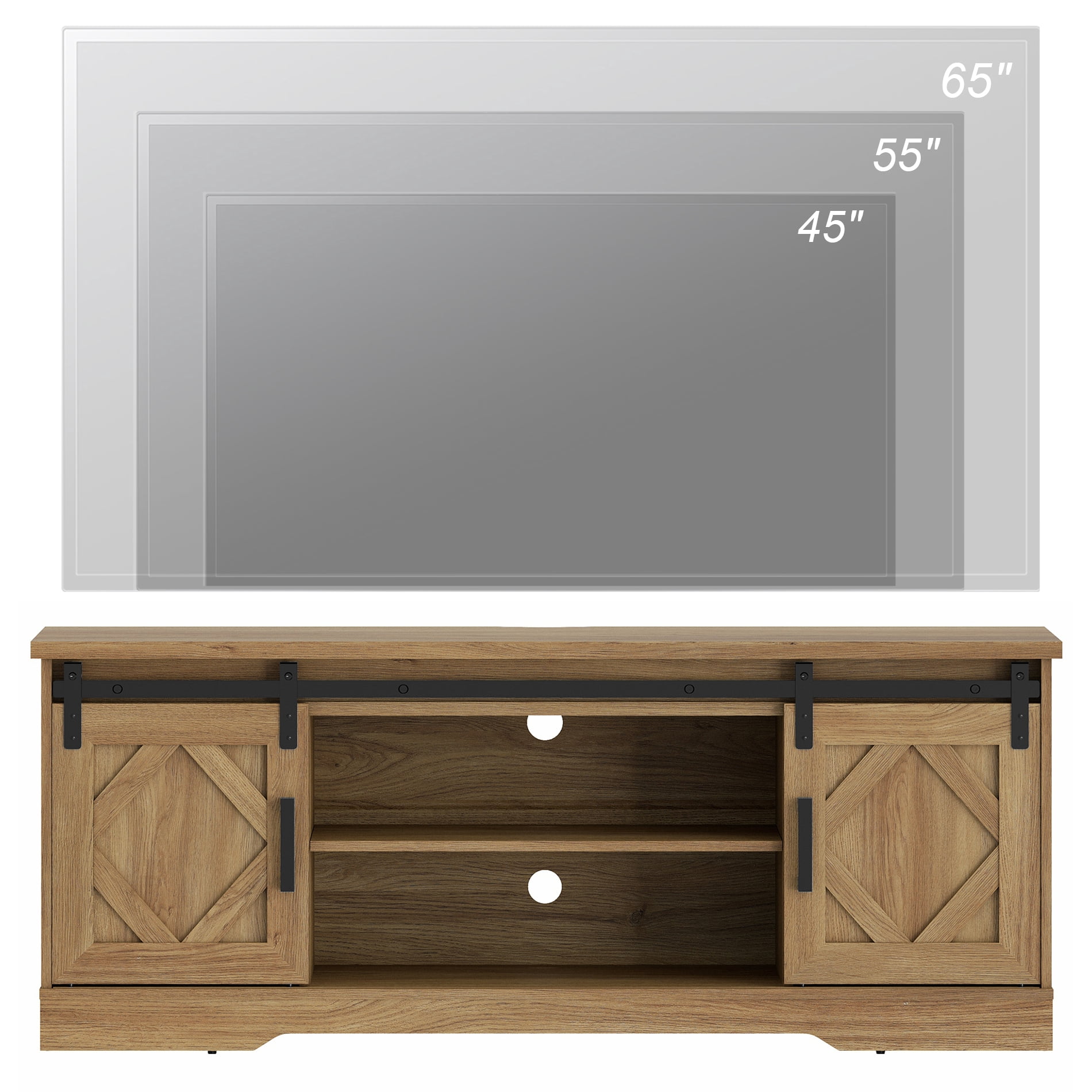 WAMPAT Farmhouse TV Stand with Sliding Barn Doors, Media Console with 3-Tier Adjustable Shelf for TVs up to 65", Rustic Wood Entertainment Center for Living Room,Vintage Oak