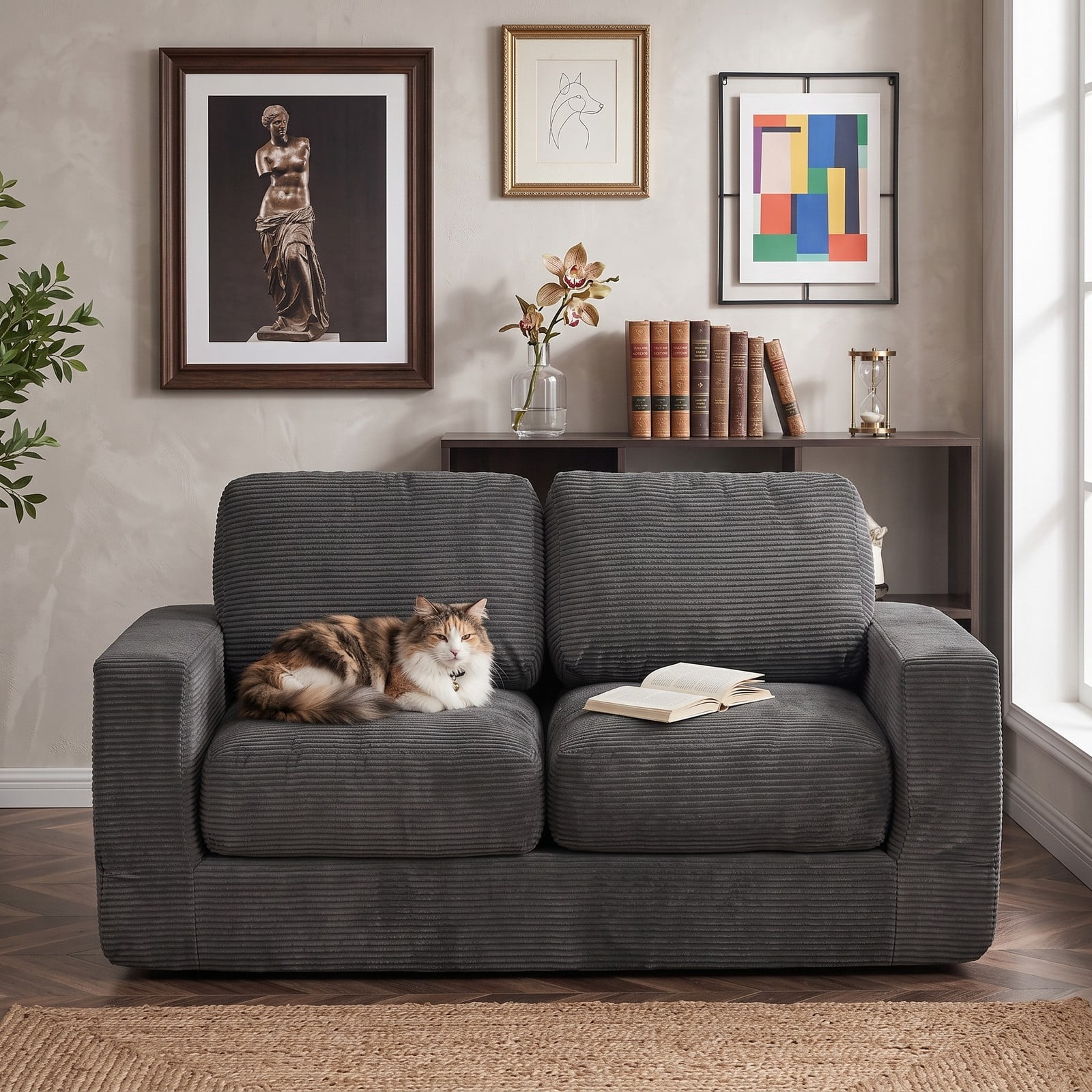 Furnibear 2-Seater Floor Couch Loveseat, Convertible Foam Sofa Lazy Couch with Removable Corduroy Cover, High-Density Sponge Filled Sofa Bed for Living Room, Black