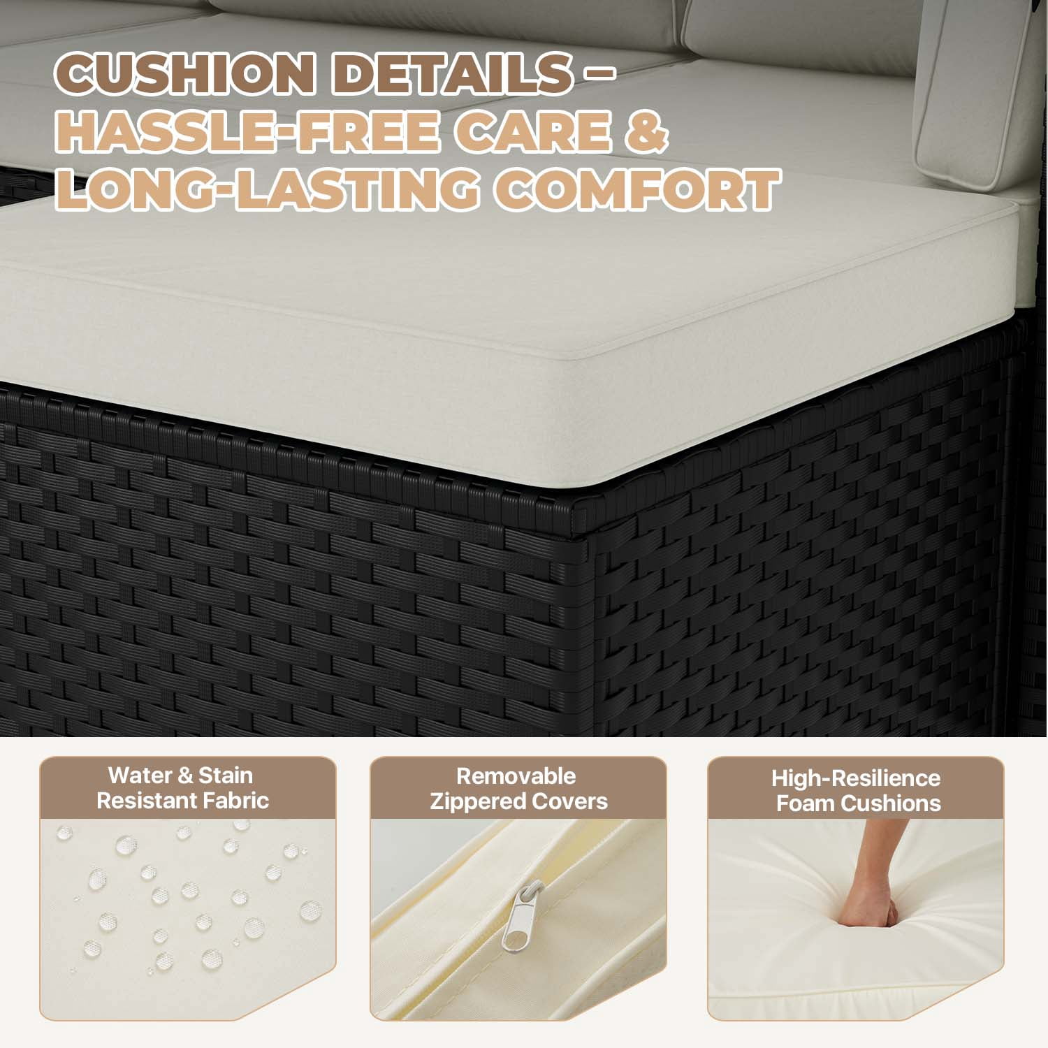 BaPiPro Modular Outdoor Wicker Patio Furniture Set with Tempered Glass Coffee Table & Removable All-Weather Cushions for Backyard, Poolside & Balcony Beige
