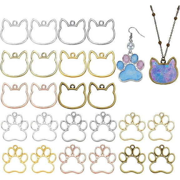 24Pcs Open Bezels for Resin Dog Paw Print Cat Head Shape Open Bezel Charms Hollow Frame Pendants Resin Casting Jewelry Molds for DIY Necklace Earrings Jewelry Craft Making Colorful