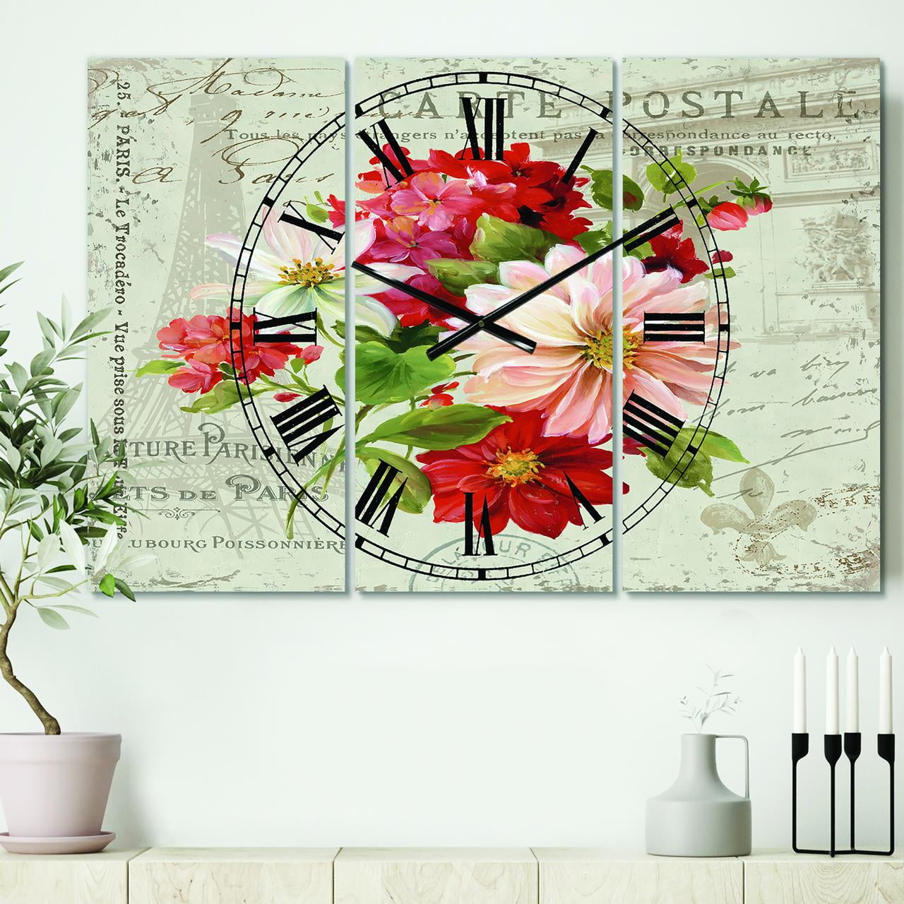 Designart 'Red Painted Flowers on Vintage Postcard II' Farmhouse Wall Clock