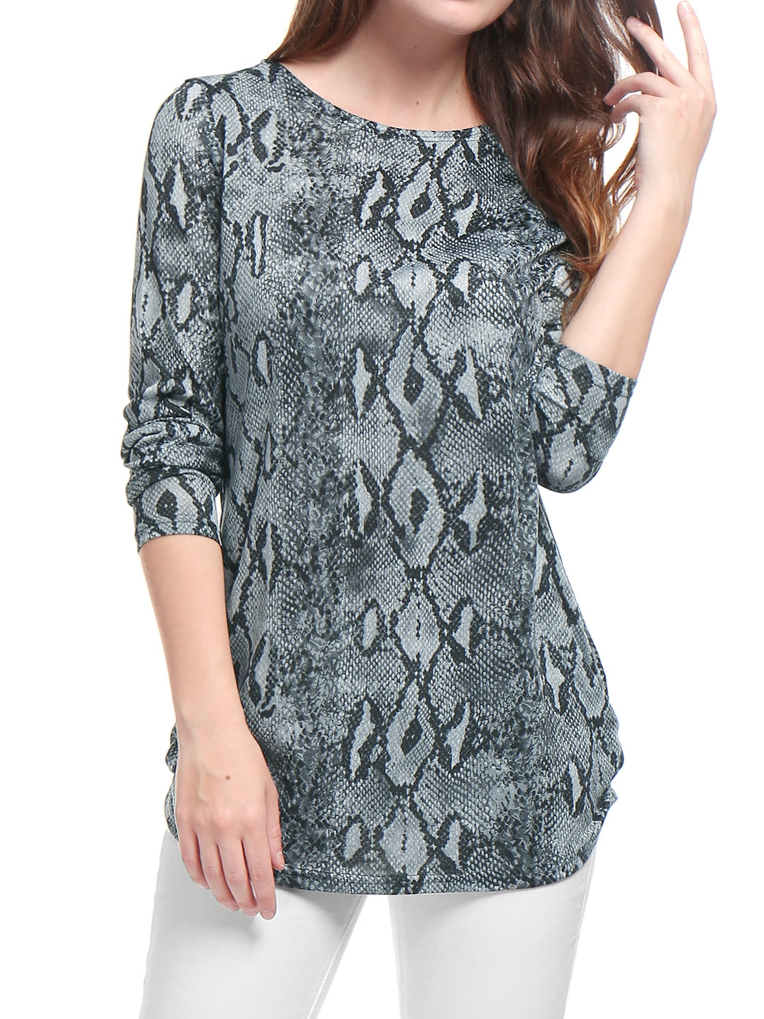 Womens Printed Round Neck Long Sleeve Tunic Knitted Top