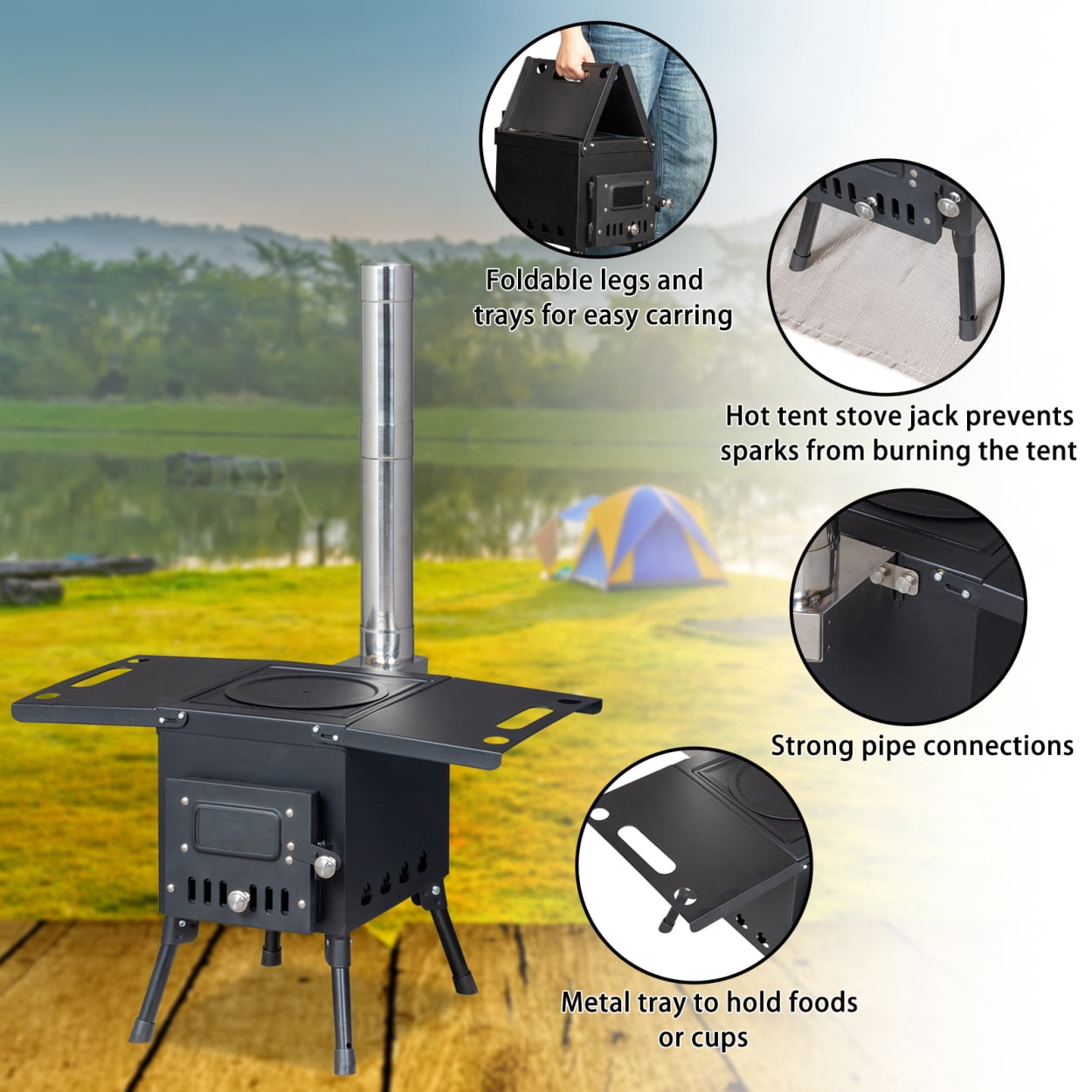 22.56*12.2*14.56 Outdoor Camping Stove, Heavy Duty Iron Outdoor Single Burner Stove with Iron Panel & Chimney & Firewood Hook & Fire Blanket, Portable Cooking Burner for Camping Cookout, Black