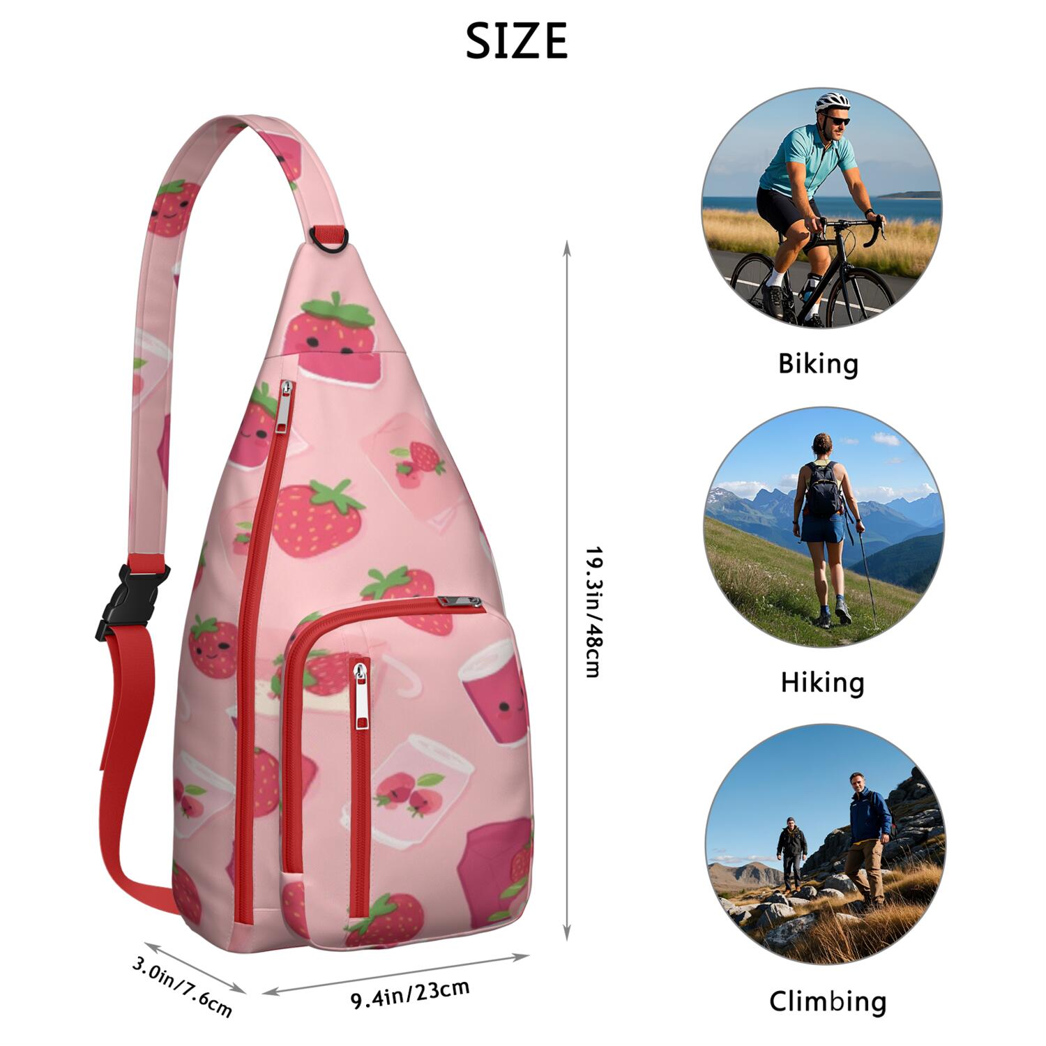 Fashion Travel Sling Bag Strawberry Cute Crossbody Shoulder Backpack Adjustable Lightweight Travel Hiking Casual Daypack for Young People