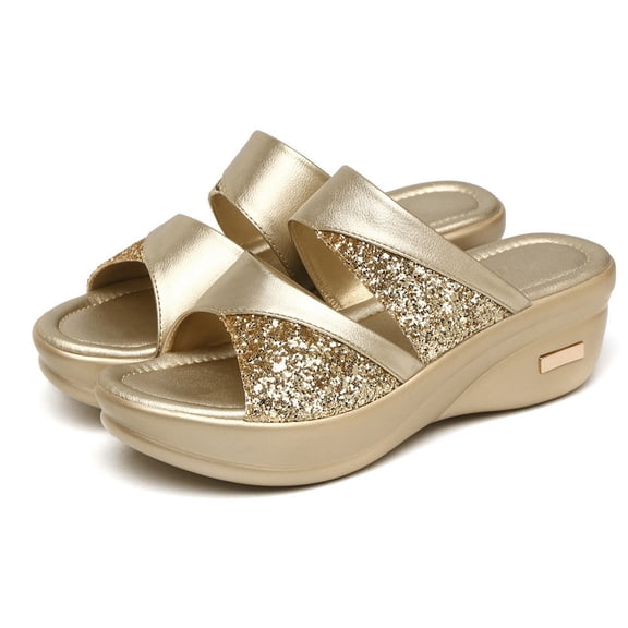 FOMIYES 1Pair Summer Wedge Slipper with Thick Sole Shiny Decor Comfortable Casual Beach Footwear