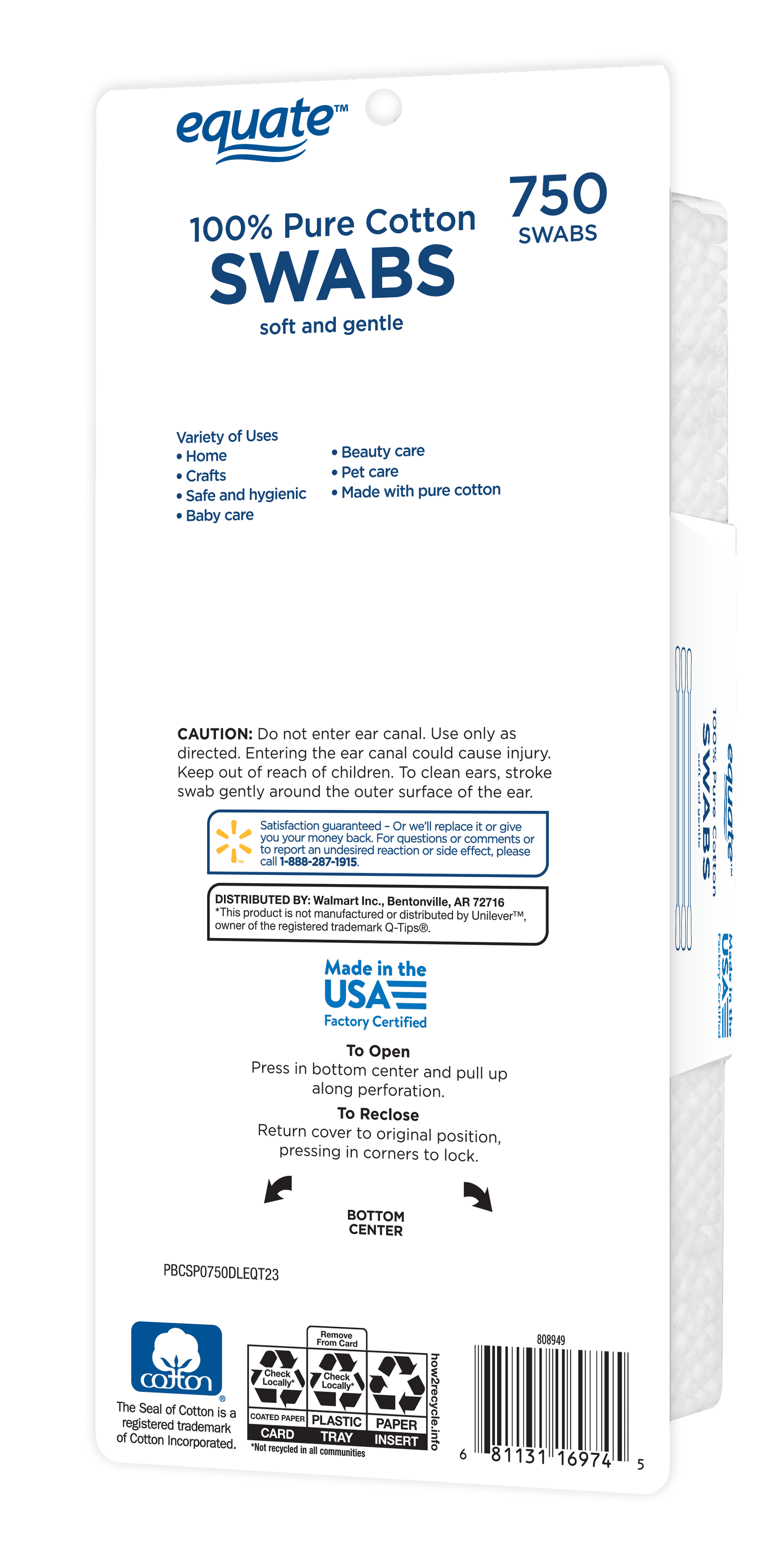(2 pack) Equate 100% Pure Cotton Swabs, 750 Count