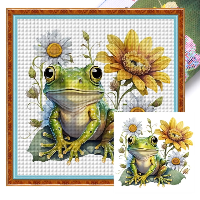 Kit Punto Cruz Con Flores Y Ranas Hilo Algodón Ecológico Bordado 18CT