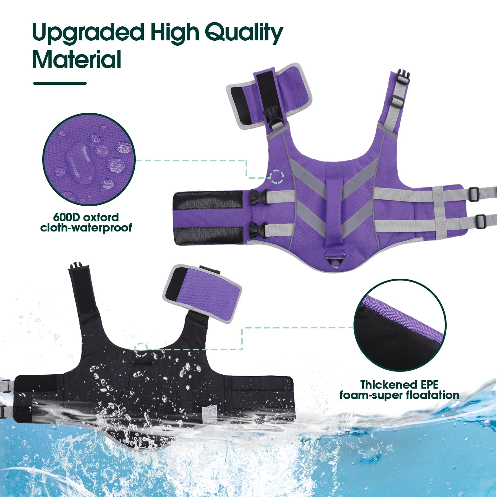 Kuoser Dog Life Jacket with Reflective Stripes, Adjustable Dog Life Vest, Purple, M