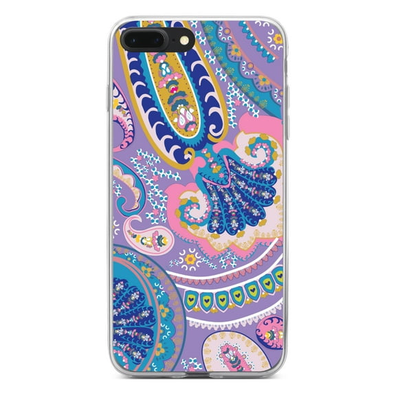 DistinctInk Clear Shockproof Hybrid Case for iPhone 7 PLUS / 8 PLUS (5.5" Screen) - TPU Bumper, Acrylic Back, Tempered Glass Screen Protector - Purple Pink Blue Paisley