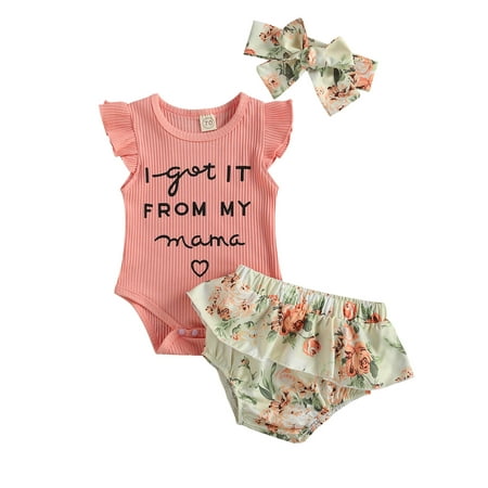 

Baby Girls Clothes Letter Print Romper Bodysuit+Flower Shorts+Headband Outfits