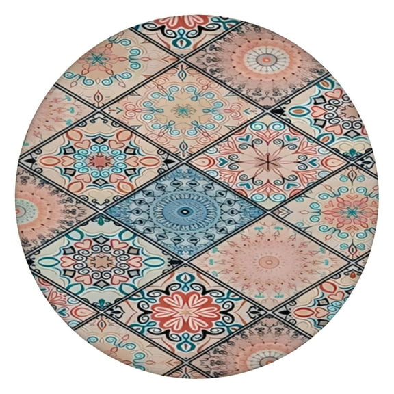 Fitted Tablecloth Round Abstract Tribal Retro Style, Waterproof Vinyl with Backing, Elastic Edge for 44-50 Inch Table