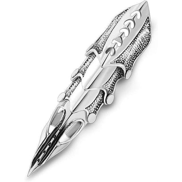 1 pieza de anillo de dedo completo con nudillos góticos punk para hombres y mujeres, garra de cristal, armadura de caballero, anillo largo de lobo, joyería de plata fresca JM