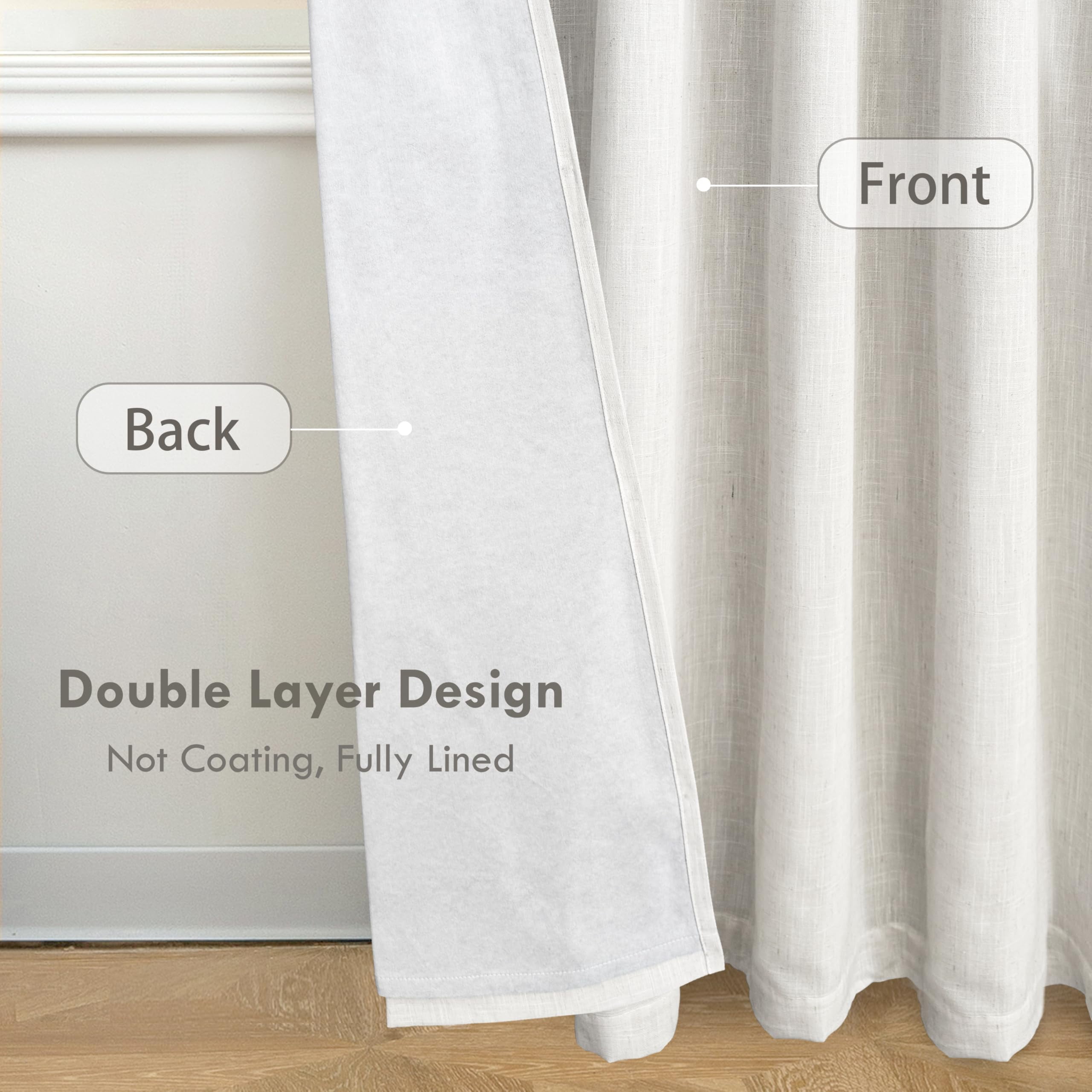 DriftAway 100% Blackout Natural Cream Linen Curtains for Bedroom 90 Inches Long Double Layer Drape Farmhouse Thermal Insulated 3 Inch Rod Pocket Back Tab Full Light Blocking 2 Panels for Living Room