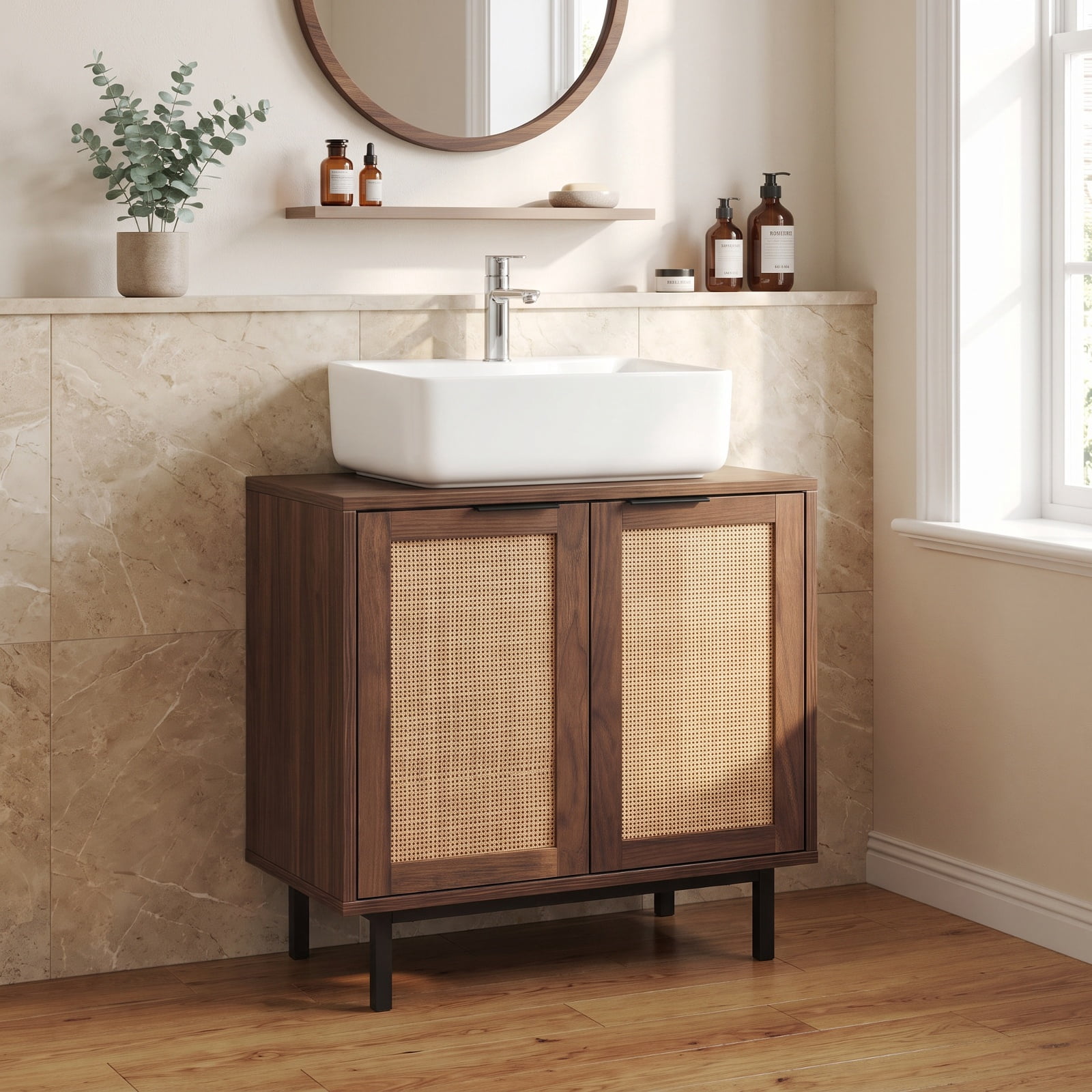 Vebreda Freestanding Bathroom Storage Cabinet, Bathroom Vanity Cabinet with U-Shaped Cut-Out 2 Rattan Doors and Shelf, Hidden Sink Organizer