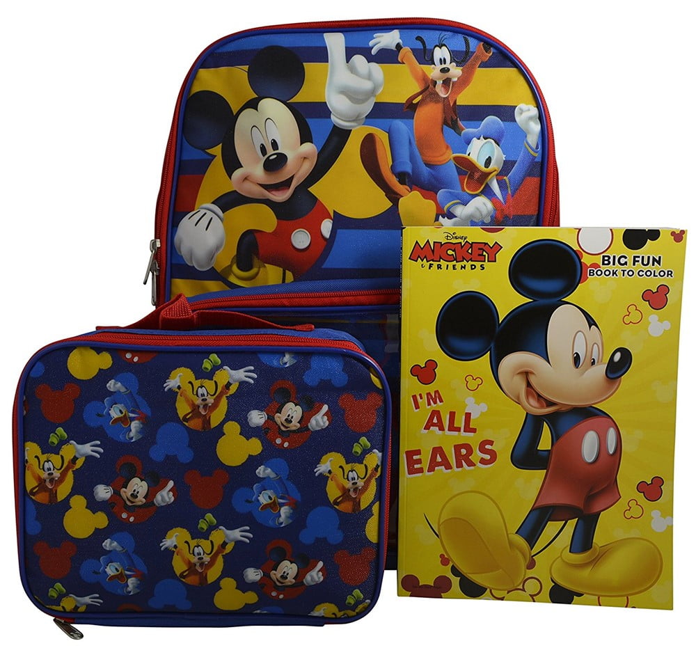Disney Mickey Mouse Boys' 16" Backpack with Window Pocket Detachable Lunch Box & Bonus Coloring Book by