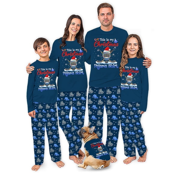 Christmas Hockey Matching Family Pajamas With Dog, Blue Hockey Skate Holiday PJs, Plus Sizes, With Pockets