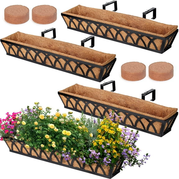 ZALIX Window Box Railing, 32 Inch Black Metal Hanging Flower Planter Basket with Coco Liner for Outdoor Balcony Porch Fence Patio for Home, Office and Hotel (Black - 4 Pcs/Set)