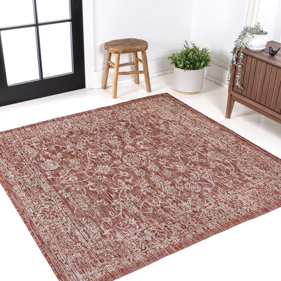 JONATHAN Y SANTA MONICA 5' Square Area Rug, Tela Bohemian Textured Weave Floral - Red/Taupe, SMB100A-5SQ