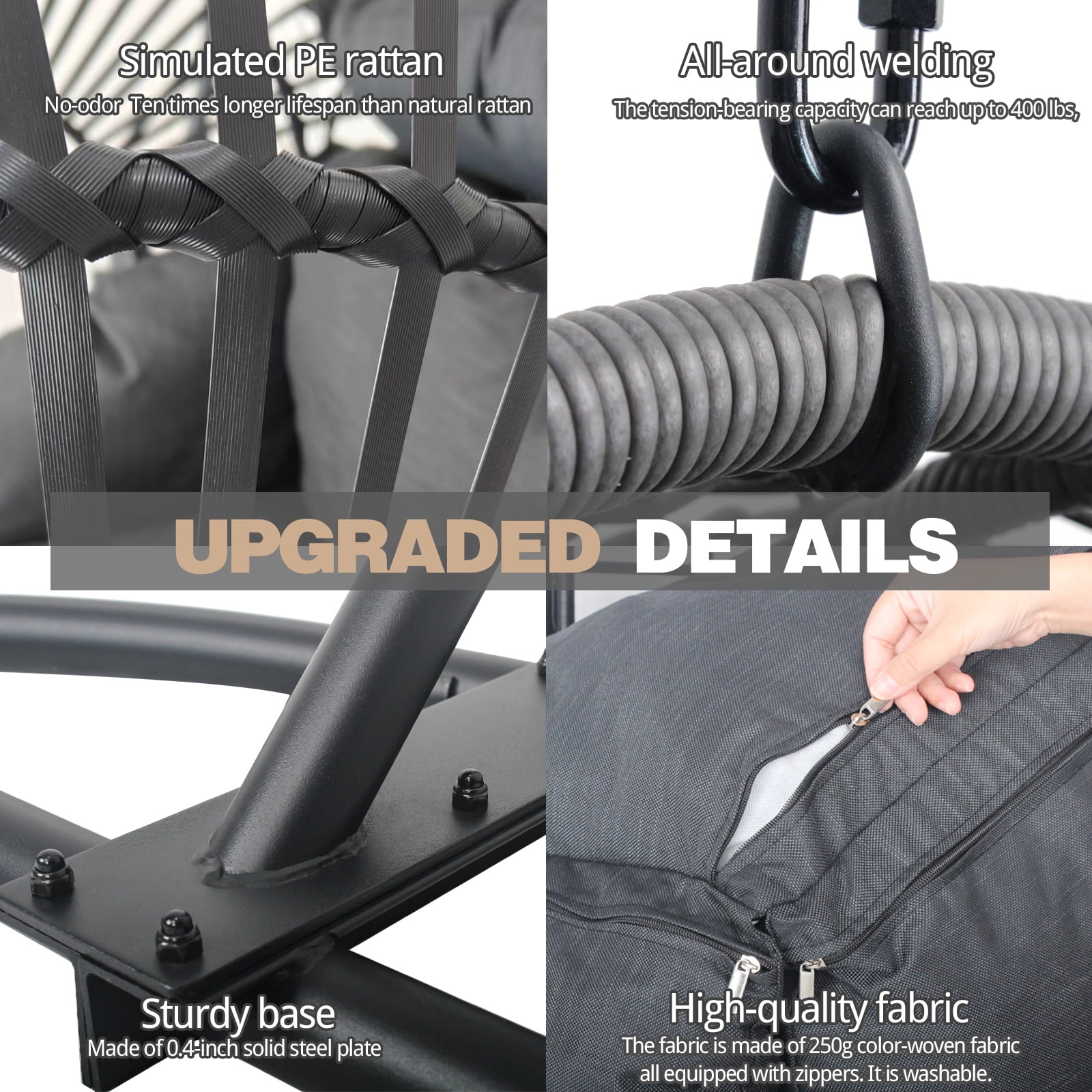 CHINNLUU Oversized Hanging Egg Chair with Stand, Outdoor Indoor Wicker Swing Chair with UV-Resistant Cushions and Rain Cover, 400lbs Capacity Patio Hammock Chair for Backyard, Balcony, Black