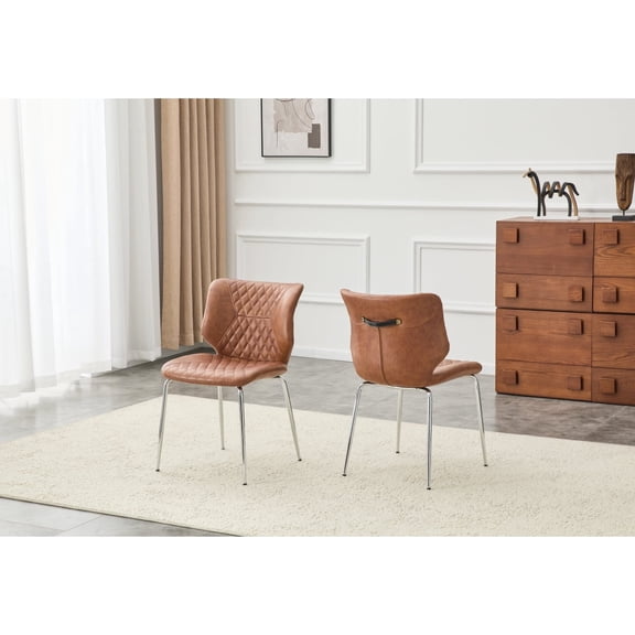 Dining Chairs Set of 2, Brown Oil Waxed Leather Dining Chairs with Electroplated Metal Legs, Adjustable Non-Slip Foot Pads, Diamond-Tufted High Back Upholstered Dining Room Chairs (Brown, Set of 2)